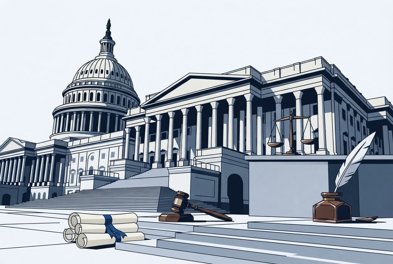 Flat illustration of Dome, columns, scrolls, gavel, scales, inkwell